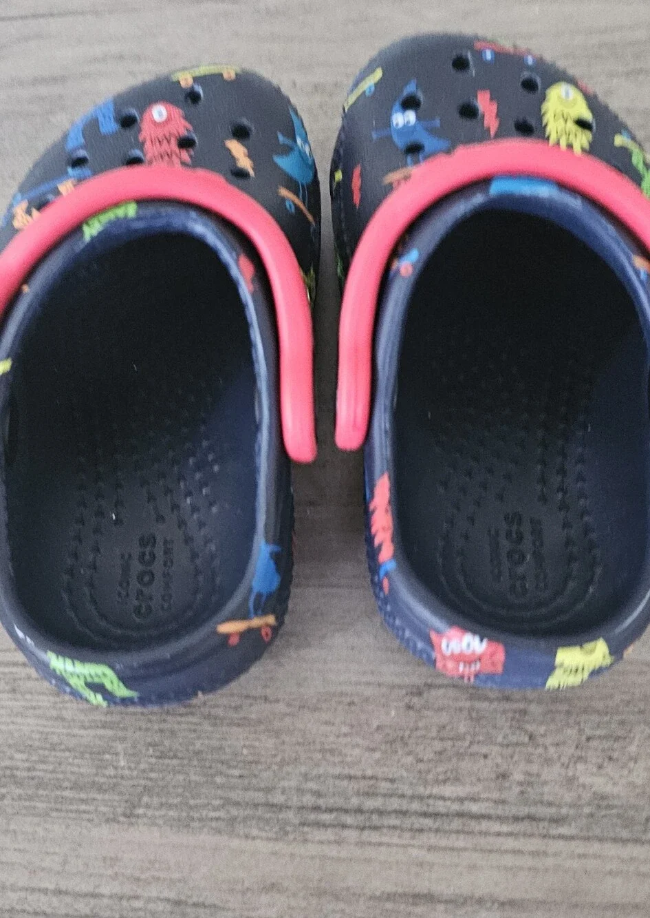 CROCS Kids Black Clogs with Red Strap and Colorful Monster Print Toddler C 4